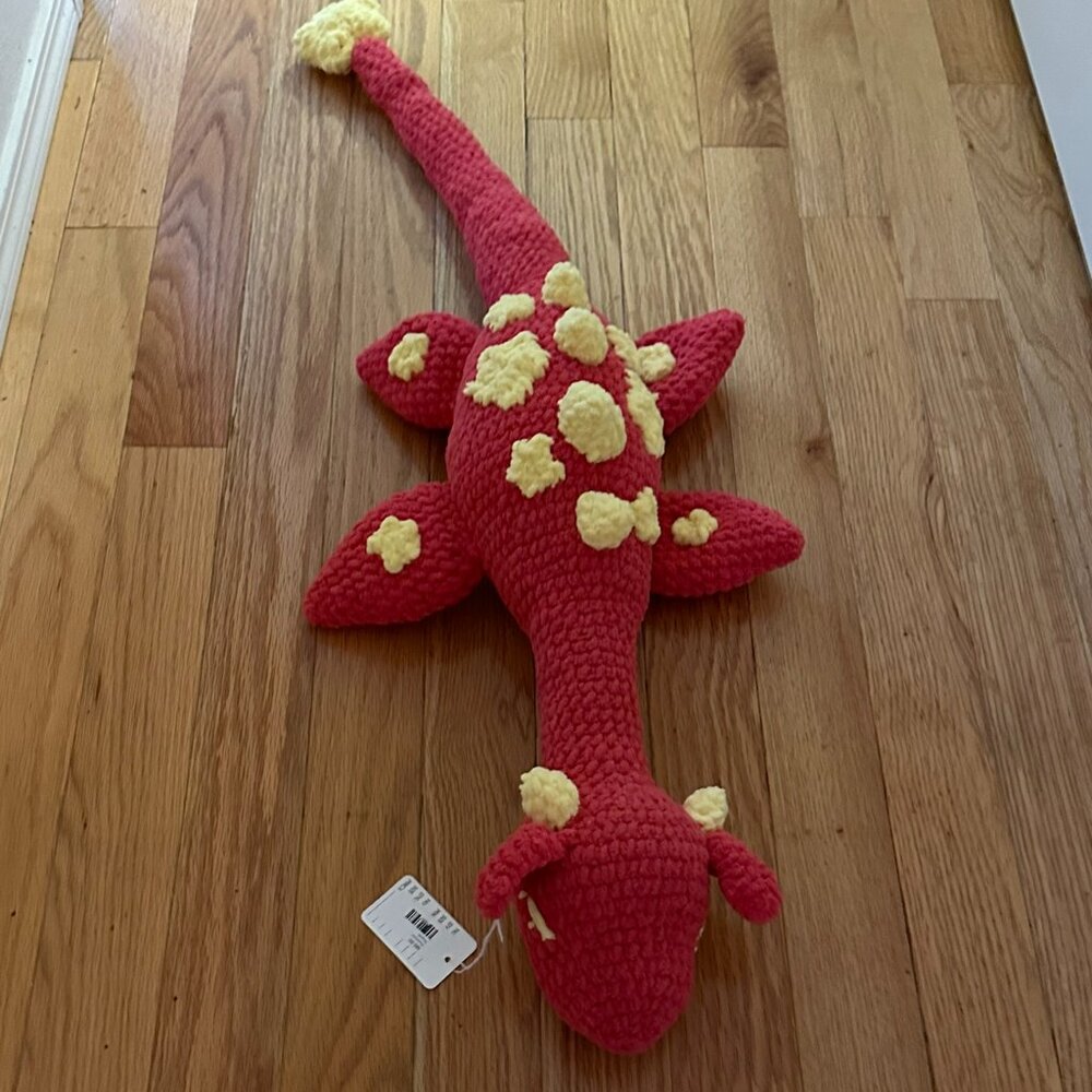 Handcrafted crocheted Pleiosaur in red and yellow 45" long